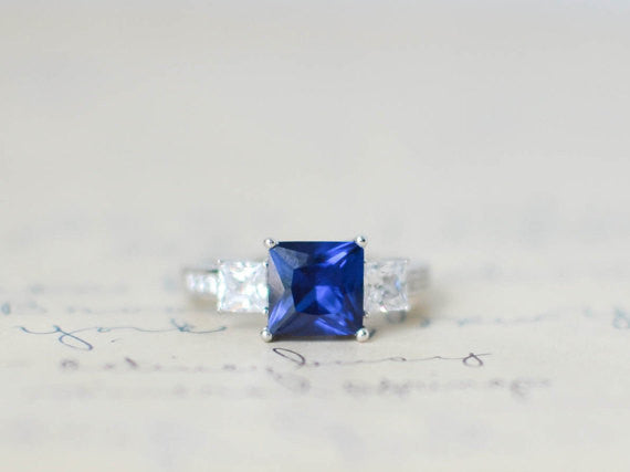 SALE - Blue Sapphire Engagement Ring - September Birthstone - 3 Stone Ring - Princess Cut - Wedding Ring - Promise Ring - Sterling Silver
