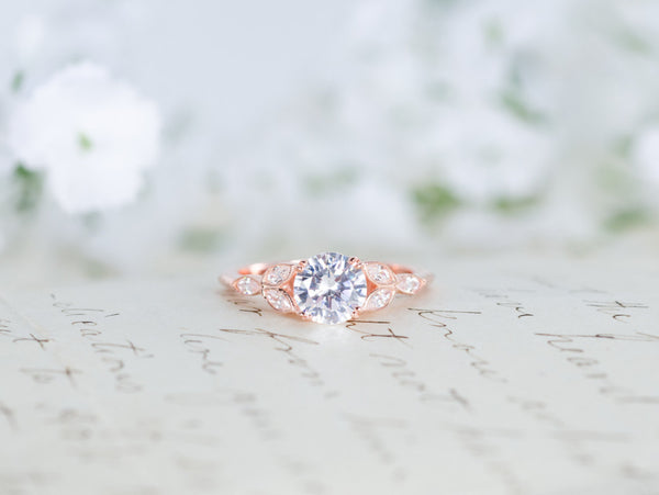 Rose Gold Engagement Ring - Art Deco Ring - Vintage Wedding Ring - Flower Ring  - Solitaire Ring - Round Cut Ring - Unique Ring