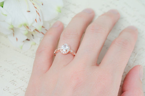Rose Gold Engagement Ring - Art Deco Wedding Ring - Oval Halo Ring - Vintage Style Ring - Promise Ring - Sterling Silver - 1 Carat