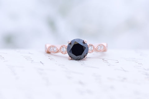 Rose Gold Black Engagement Ring - Art Deco Ring - Promise Ring - Vintage Ring - Wedding Ring - Round Cut Ring - Sterling Silver