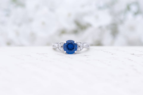 Art Deco Engagement Ring - Vintage Inspired Ring - Antique Style - Sapphire Blue -  Round Cut Solitaire Ring - 1.2 Carat - Sterling Silver