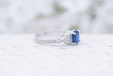 Art Deco Engagement Ring - Vintage Inspired Ring - Antique Style - Sapphire Blue -  Round Cut Solitaire Ring - 1.2 Carat - Sterling Silver