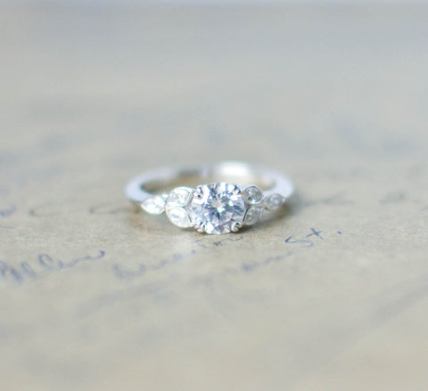 Silver Art Deco Engagement Ring - Vintage Wedding Ring - Antique Ring - Flower Ring - Solitaire Ring - Round Cut Ring - Unique Ring