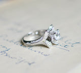 SALE - Lotus Engagement Ring - Flower Wedding Ring - Rose Ring - Sterling Silver Ring - Cubic Zirconia Ring - Art Deco Ring - Promise Ring