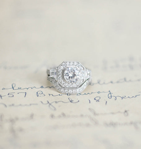 Silver Art Deco Ring - Sterling Silver Ring - CZ Wedding Set - Cubic Zirconia Ring - Vintage Style Ring - Engagement Ring Set - Halo Ring