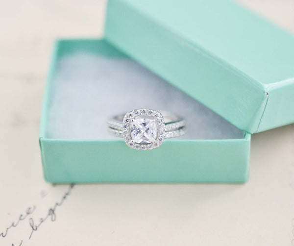 Wedding Ring Set - Cushion Cut Ring - Sterling Silver Ring - Engagement Ring - Cubic Zirconia Ring - Halo Engagement Ring - 1 Carat