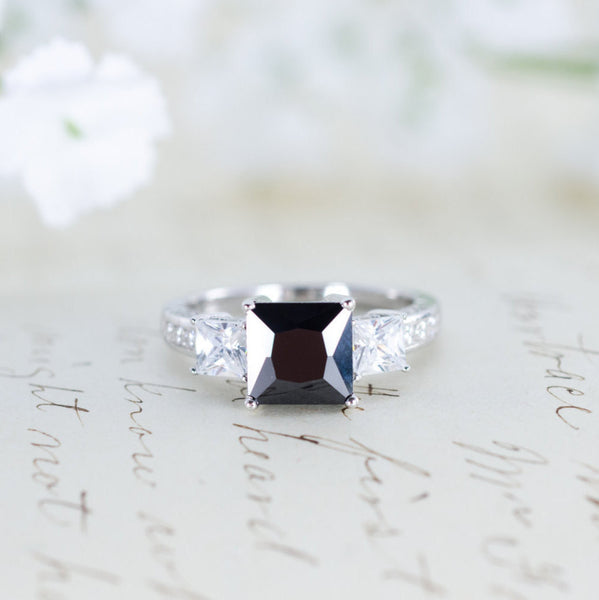 SALE - Black Engagement Ring - Three Stone Ring - Princess Cut Ring - Gothic Ring - Wedding Ring - Sterling Silver