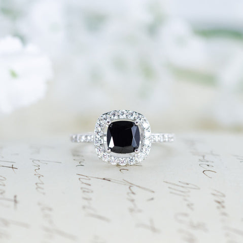 SALE - Black Halo Ring - Cushion Cut Ring - Engagement Ring - Promise Ring - Wedding Ring - Sterling Silver - 1 Carat