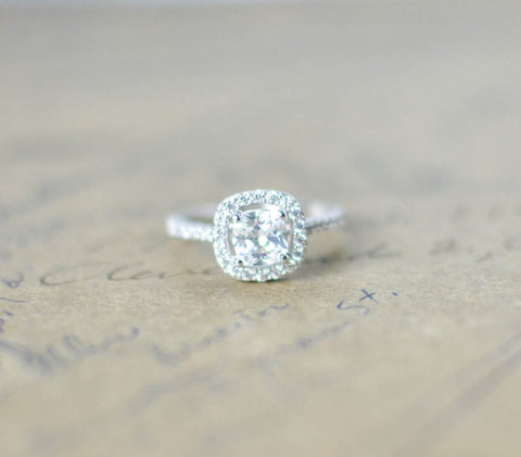 Cubic Zirconia Halo Ring - Cushion Cut Ring - Sterling Silver Engagement Ring - Micro Pave Ring - Promise Ring