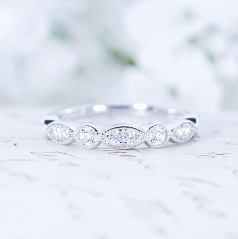 Art Deco Wedding Band - Half Eternity Band - Vintage Style Band - Sterling Silver Band - Marquise & Dot Ring - Stacking Ring - Milgrain Band