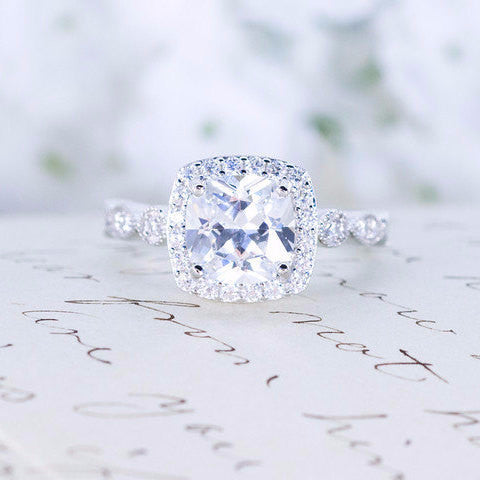 Art Deco Engagement Ring - Cushion Cut Ring - Halo Engagement Ring - Wedding Ring - Promise Ring - Sterling Silver - 2 Carat