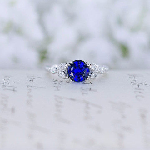 Blue Sapphire Engagement Ring - Art Deco Ring - Vintage Style Ring -  CZ Ring - Solitaire Ring - Round Cut Ring - Sterling Silver