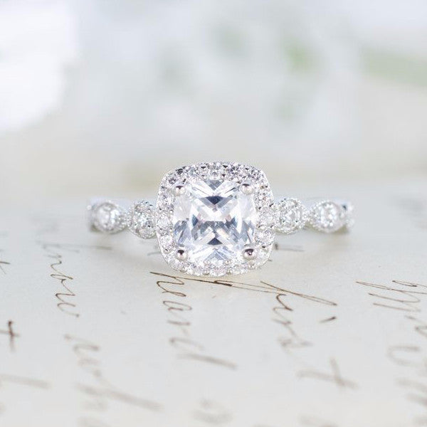 SALE - Art Deco Engagement Ring - Cushion Cut Ring - Halo Engagement Ring - Wedding Ring - Promise Ring - Sterling Silver - 1.3 Carat